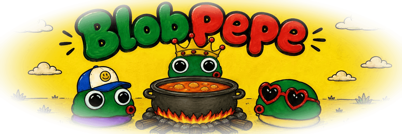 Blob Pepe — crowned blob and friends around a cauldron